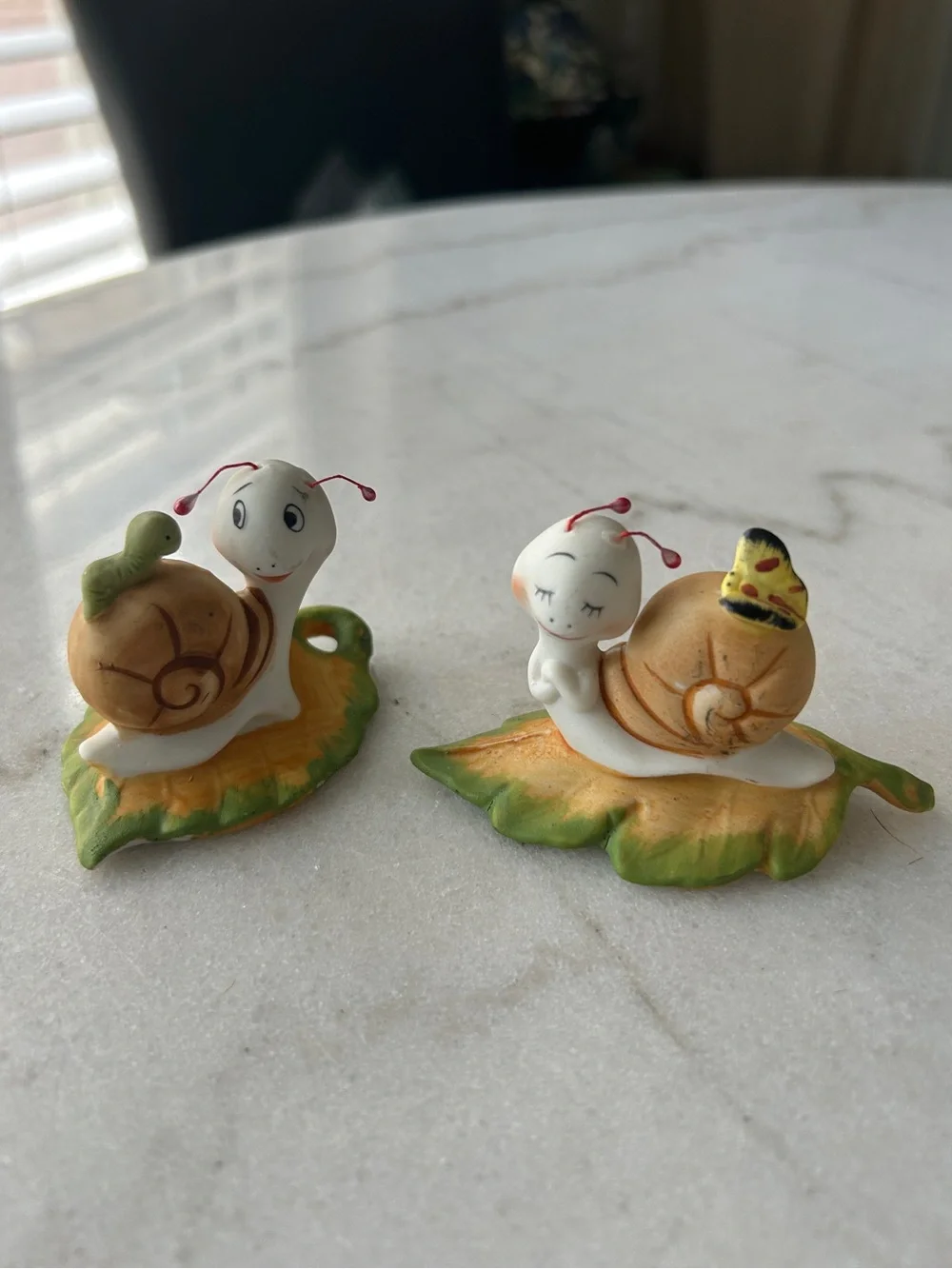 Vintage Ceramic Snail Figurine Set in Brown and Green